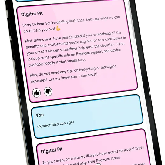 Black mobile phone displays the Digital PA chat screen