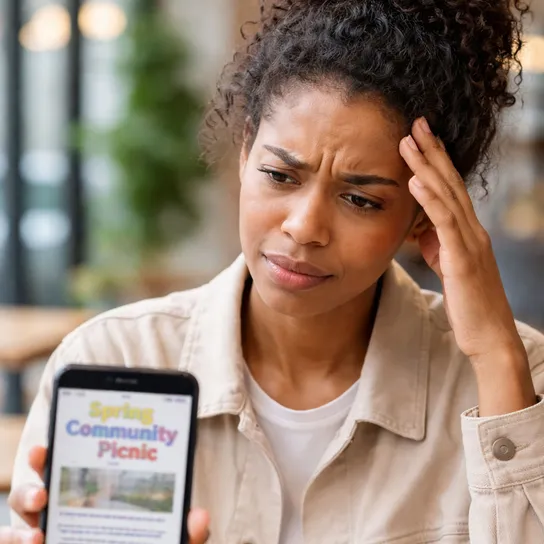Young adult female leans her frowning head upon her hand as she shows her phone to an unseen person opposite. It displays a blurred poster.