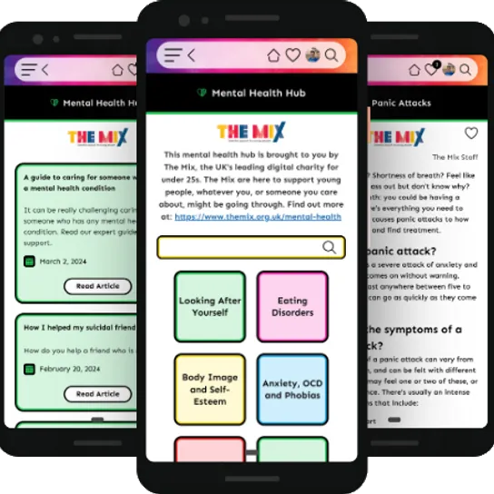 three mobile phone screens display different areas of the mental health hub